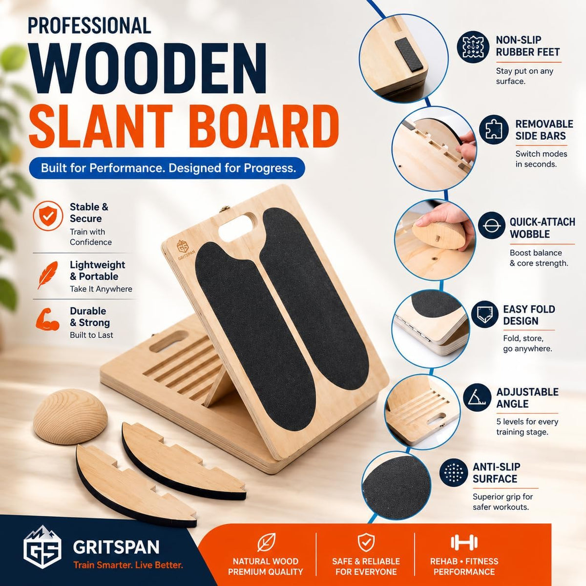 Slant Boards for Exercise, 3-in-1 Wooden Calf Stretcher, Rocker Balance Board and 360° Wobble Board, 5 Adjustable Angles, Anti-Slip Surface, Training Poster Included