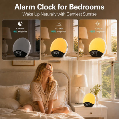 JALL Full Screen Dimmer Sunrise Alarm Clocks for Bedrooms, Wake Up Light with FM Radio, 25 White Noise Sleep Sounds, Bluetooth Speaker, Dual Alarms Bedside Clock for Heavy Sleepers