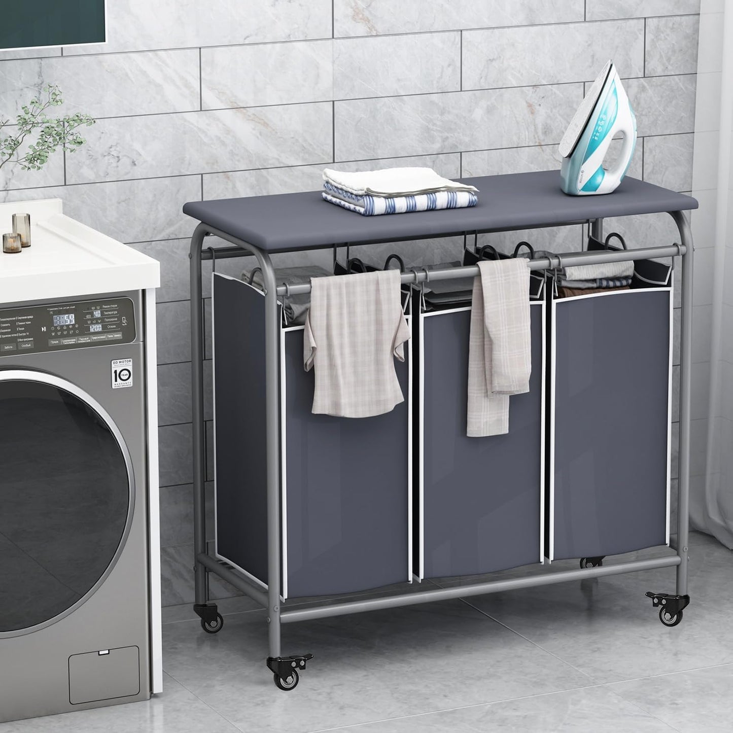 LINZINAR 3 Section Laundry Hamper, Black Laundry Basket 135L Laundry Sorter | Laundry Room Organization with Heavy Duty Rolling Lockable Wheels and Removable Bag, Bedroom Laundry Cart for Clothes Storage