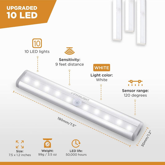 VYANLIGHT Motion Sensor LED Under Cabinet Lights, 10 LED Light Strips for Closet, Kitchen, Bathroom, Pantry - Battery Operated, Wireless, Peel and Stick, 3 Pack