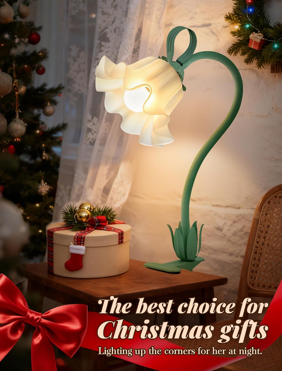Clip On Light and Bed Headboard Lamp,Valentines Day Gifts for Women,Flower Desk Lamp with 3 Color Modes,USB Power Gooseneck Reading Light,Night Light for Nursery,College Dorm Room Essentials (Green)