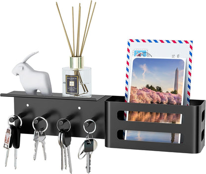 MKO Key Holder Wall Mount, Key Holder Wall Mount Adhesive with Mail Organizer Tray with 6 Key Hooks for Wall, Black | Metal Material, Key Rack with Shelf, Mail Organizer Tray for Entryway, Hallway, Living Room