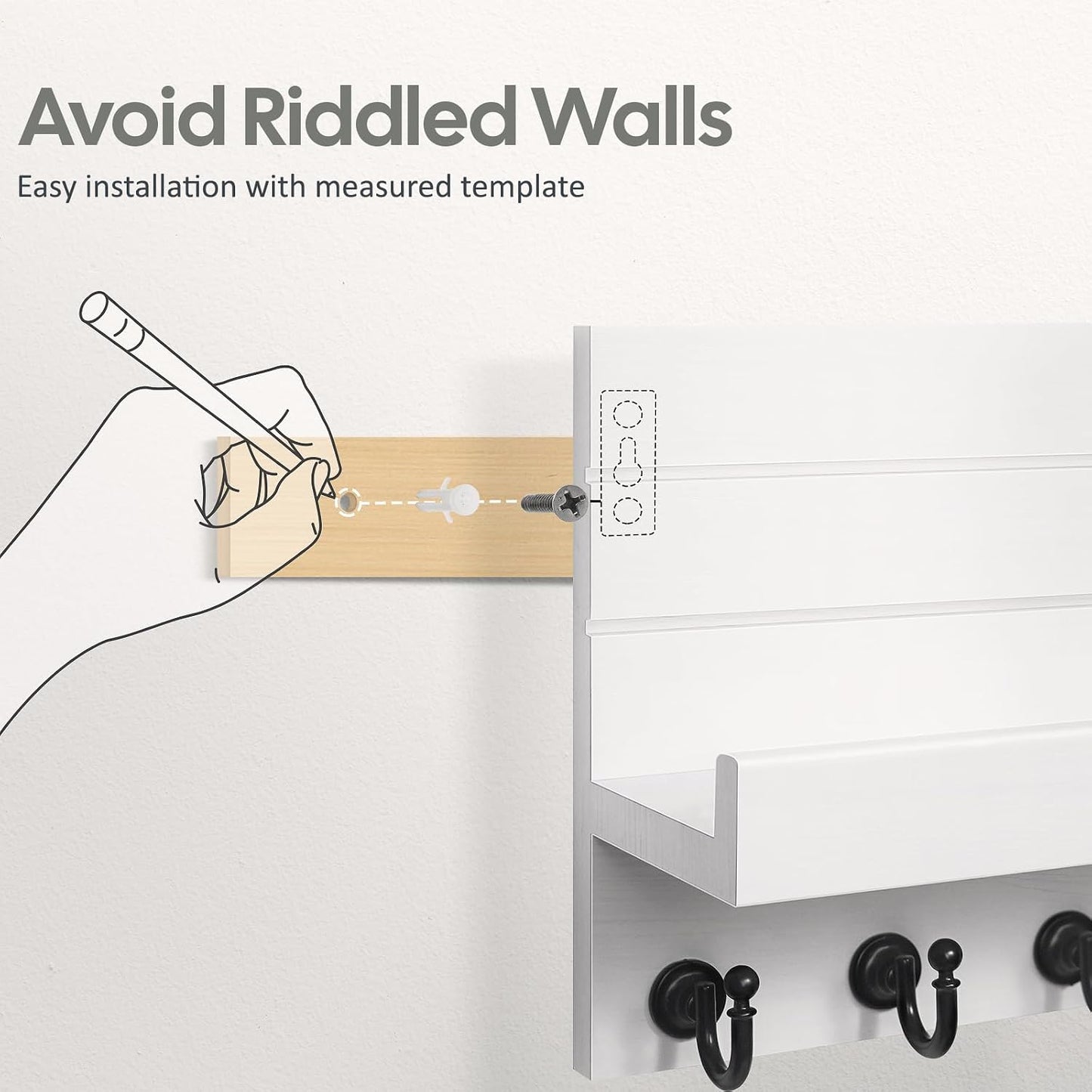 HONJIN Key Holder Wall Mount with Shelf and 5 Sturdy Key Hooks (White) | Key and Mail Holder Wall Mount, Wooden Entryway Organizer and Decorative, Easy Installation, 10*3.8*6.85 Inch