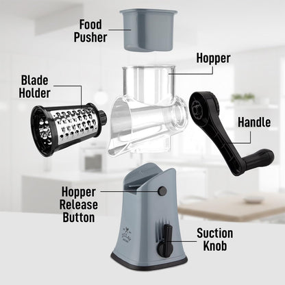 Zulay Kitchen Rotary Cheese Grater 5 Blade Cheese Shredder - Manual Hand Crank Cheese Grater With Reinforced Suction & 5 Interchangeable Drums - Easy to Use, Vegetable Chopper Round Mandoline Slicer - Colors A