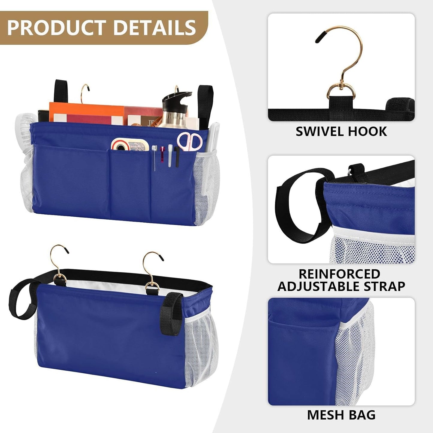 Black Bedside Caddy Storage Bag Bedside Organizer for Bed Rails College Dorm Room Organizer Caddy Hanging Shelf 6 Pockets with Hooks for Drinks Magazine Phone Holder