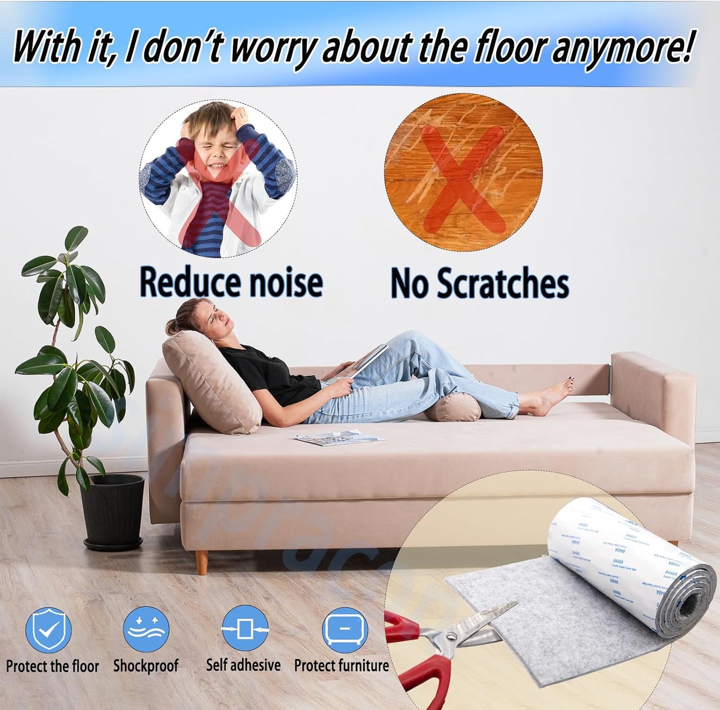 Cuttable Felt Furniture Pads with Sticky Backing,40x4 inch Self Adhesive Felt Sheets,Heavy Duty Felts Strip Roll Felts Tape Protect Hardwood Floors No Scratches No Noise