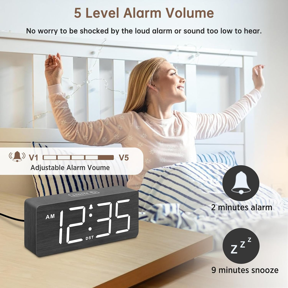 DreamSky Wooden Digital Alarm Clock for Bedroom with Large Numbers