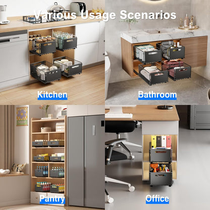 Mustorn 2 Pack Pull Out Cabinet Organizer, Slide Out Drawers for Cabinets, Peel and Stick, Heavy Duty Shelves for Kitchen, Cupboard, Pantry, Bathroom (16.5"D*11.8"W*3.94"H-Black)
