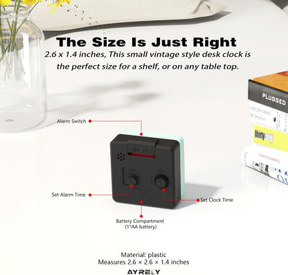 AYRELY® 2.6" × 1.4" Ultra Small Battery Operated Analog Travel Alarm Clock
