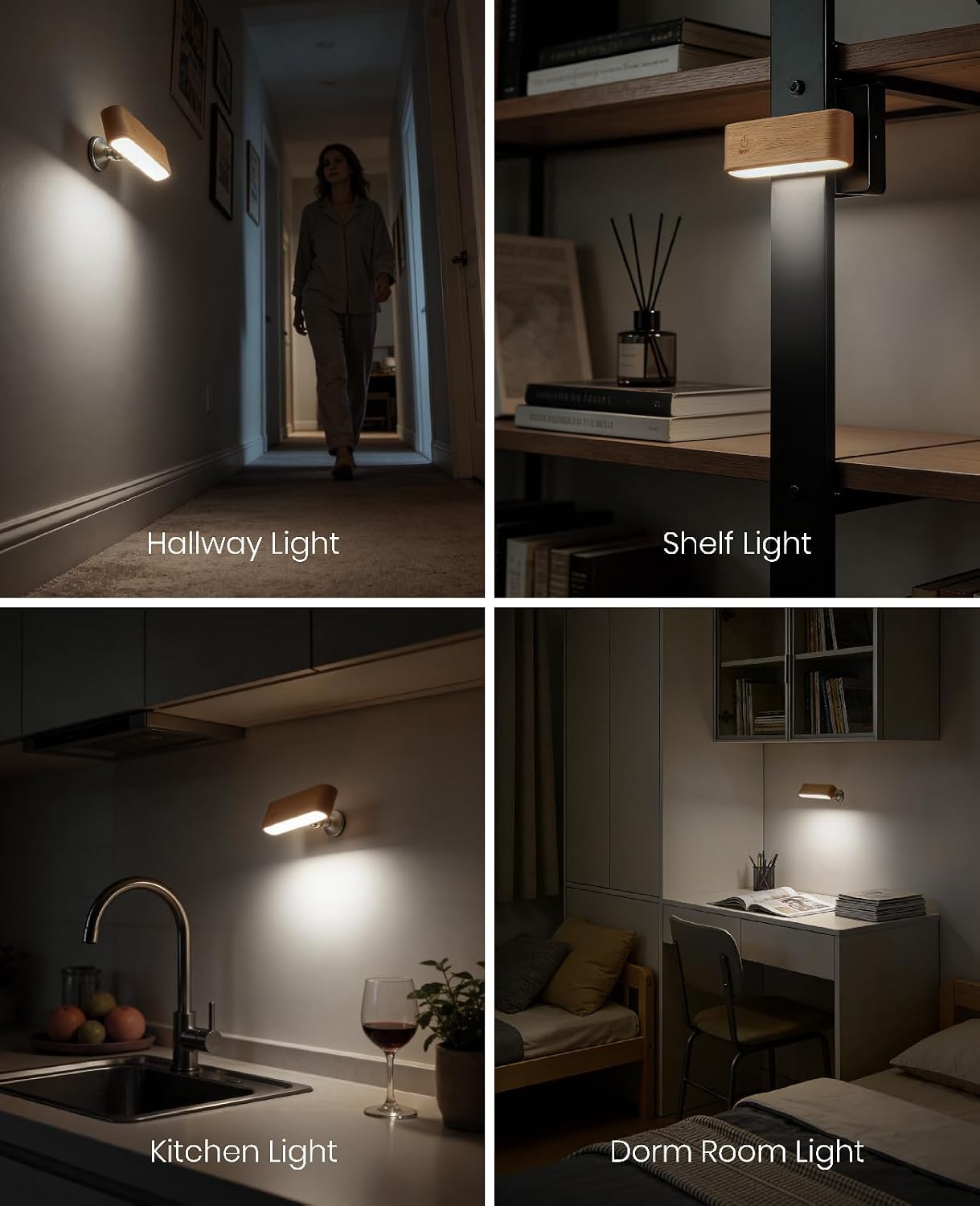 Rechargeable Wall Sconce, Reading Light for Bed, Magnetic Wood Lamp | Set of 2, Black Walnut, Touch Control, Adjustable Brightness, 4000K Nautral Light for Reading, Headboard Light, 360° Rotation