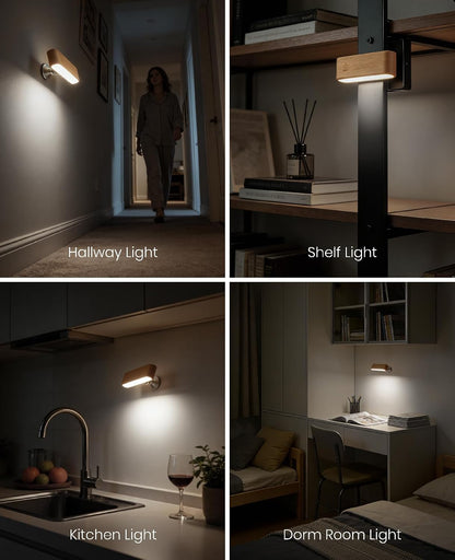 Rechargeable Wall Sconce, Reading Light for Bed, Magnetic Wood Lamp | Set of 2, Black Walnut, Touch Control, Adjustable Brightness, 4000K Nautral Light for Reading, Headboard Light, 360° Rotation