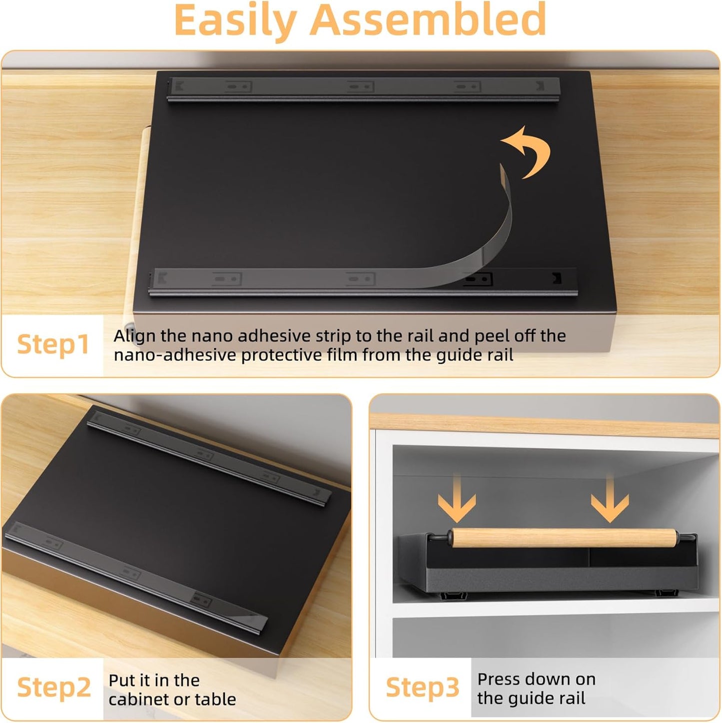 2 Pack 15.3'' Deep Expandable Slide Out Cabinet Shelf No-Drill Pull Out Drawer with Nano Film Adhesive, Heavy Duty Pull Out Tray for Kitchen, Pantry & Bathroom, Black