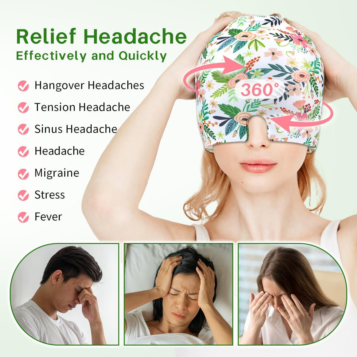 ZNÖCUETÖD Migraine Headache Relief Cap Hat Full Head ice Pack Wrap Cold Cap
