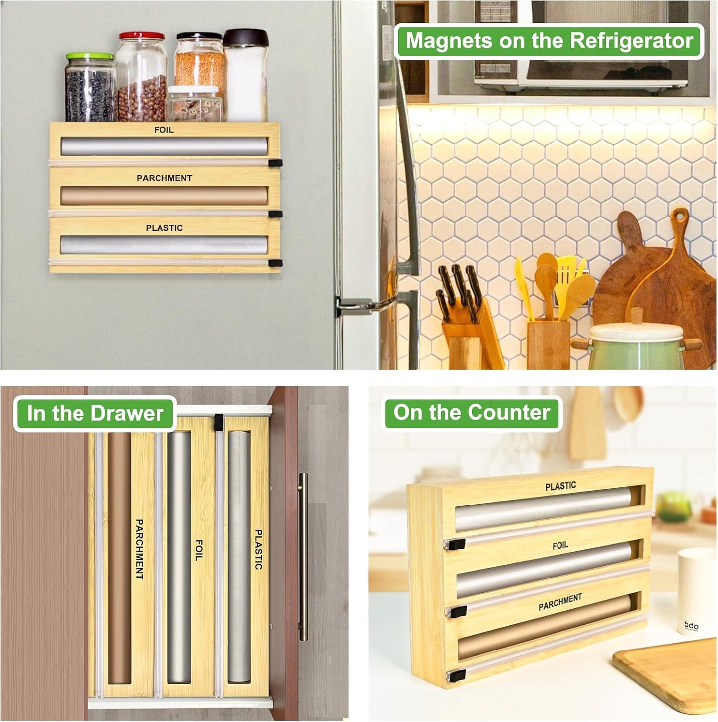 MSJGA Magnetic Plastic Wrap Dispenser with Cutter for Drawer&Refrigerator | 3 in 1 Fridge Bamboo Organizer for Tin Foil, Baking Paper, Wax Paper Holder Kitchen Storage Box Compatible,13" x 8.2" x 2.7"