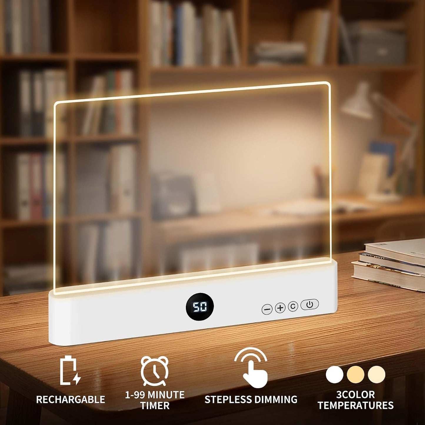 LED Reading Book Page Light - USB Rechargeable Flat Books Night Lamp - Smart Clear Read Booklight Panel - Dimmable Plate with 3 Colors & Timer - Portable Eye Care Reading Light for Bed Time (White)