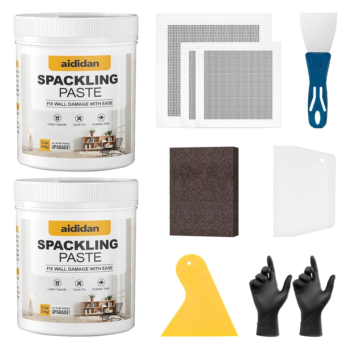 Drywall Repair Kit 12.2 Oz Wall Patch Repair Kit Wall Mending Agent | Spackle Wall Repair with Wall Patches/Sanding Sponge/Putty Knife/Scrapers/Gloves, Wall Surface Hole Quick and Easy Solution