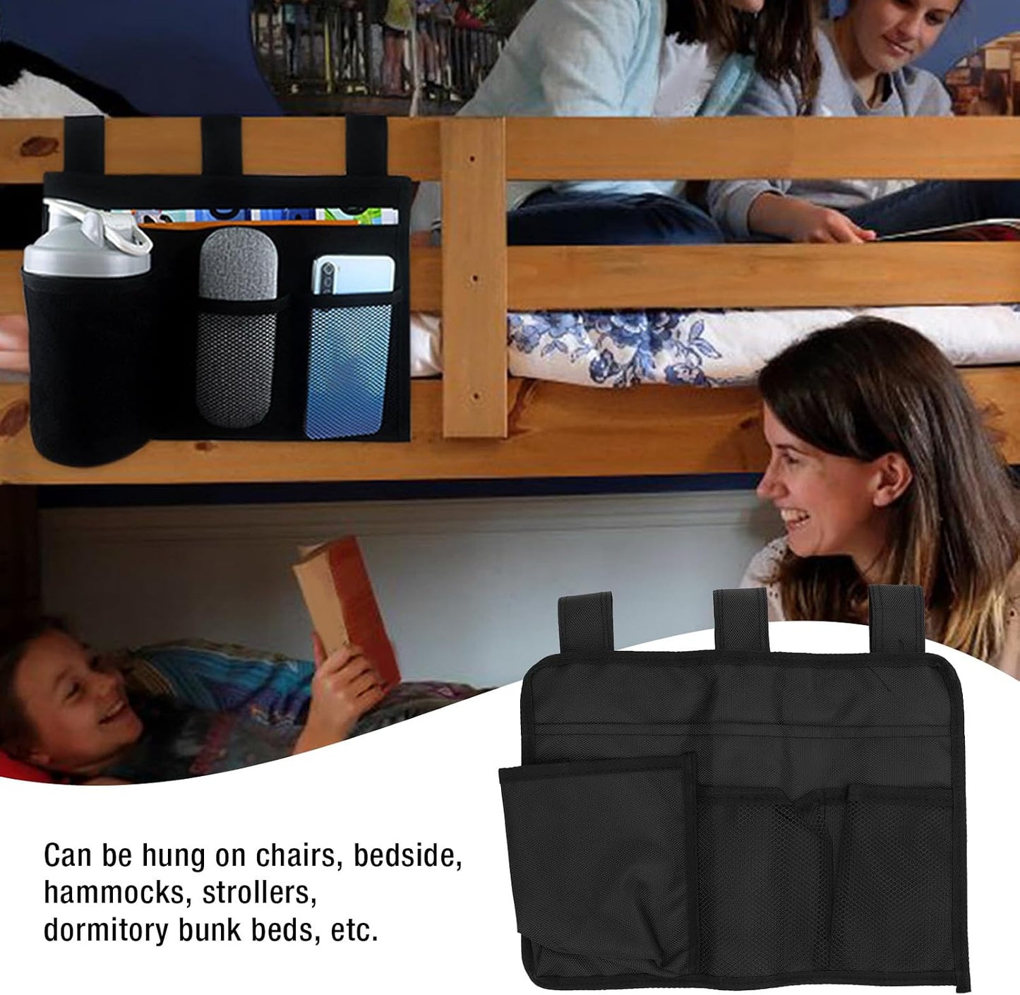 Buachois Hanging Bedside Caddy, Bedside Storage Organizer with 4 Pocket | Velcro Straps Hang on Rail Headboard Recliner Wheelchair, Storage for Phone, Remote, Tablet, Glasses, Water Bottle and Books