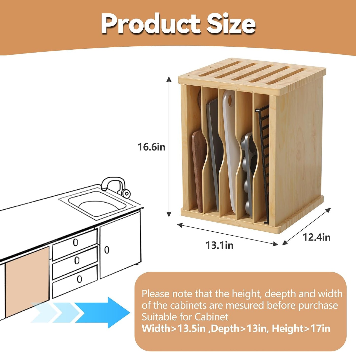 tonchean 6 Tier Wooden Tray Dividers for Cabinets | for pots, Cutting Board, Pans, Kitchen Organizers and Storage, 16.6" W x 13.1" H x 12.4" D