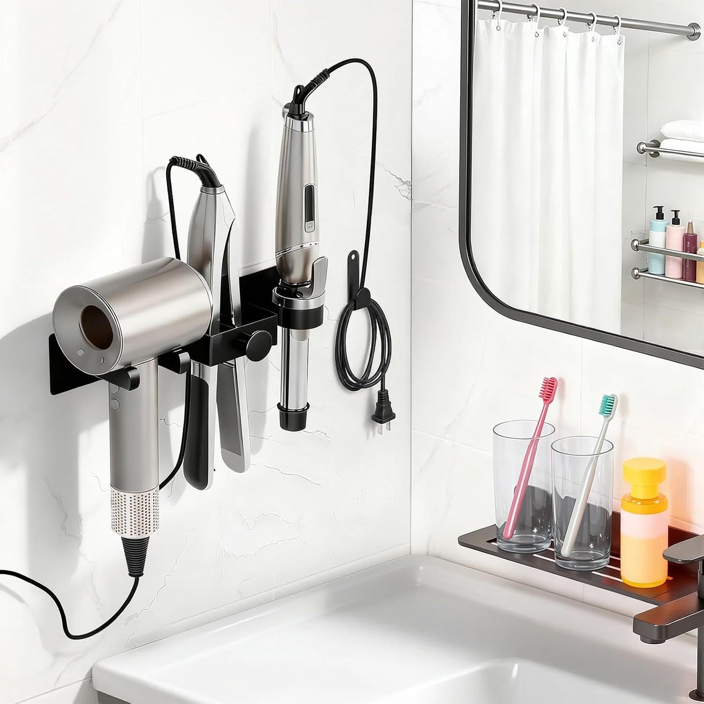 Hair Dryer Holder Wall Mounted with Cord Organizer, Curling Iron Holder | Hair Straightener Holder, Bathroom Hair Tool Organizer and Storage, Metal Blow Dryer Holder Rack for Most Dryers