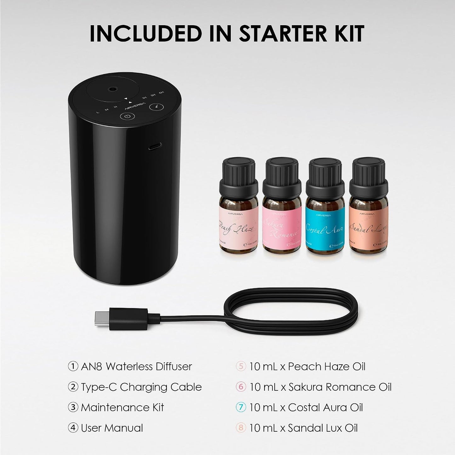Airversa Waterless Essential Oil Diffuser Starter Kit with 4 x 10mL Hotel Scent Fragrance Oil, Battery Operated Mini Scent Air Machine Portable Diffuser for Home Car Office, AN8 Kit Black