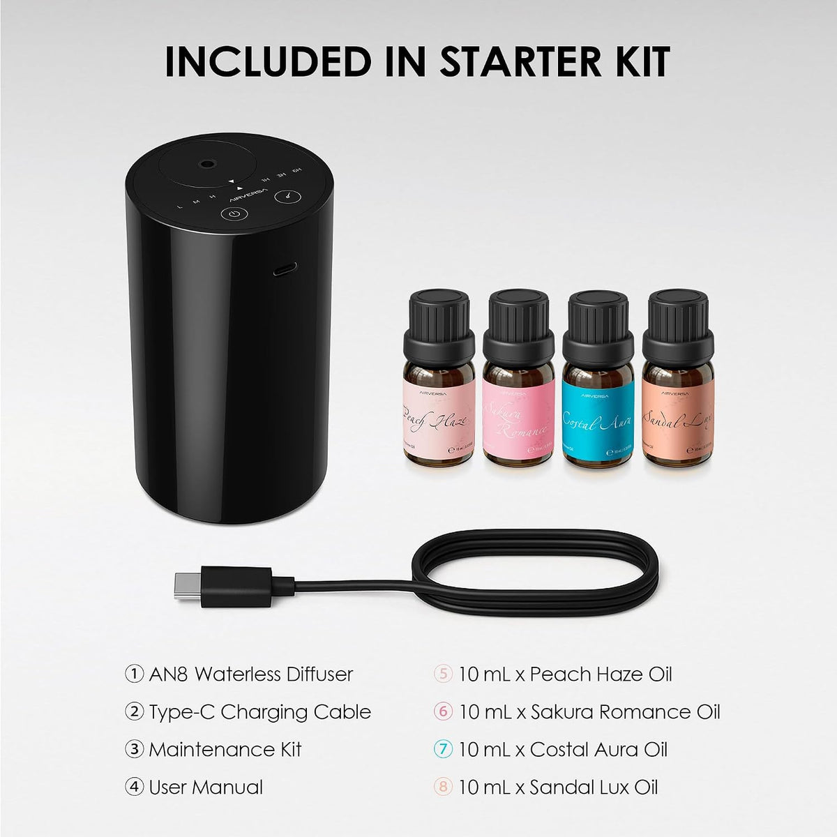 Airversa AN8 Waterless Essential Oil Diffuser Starter Kit, Black