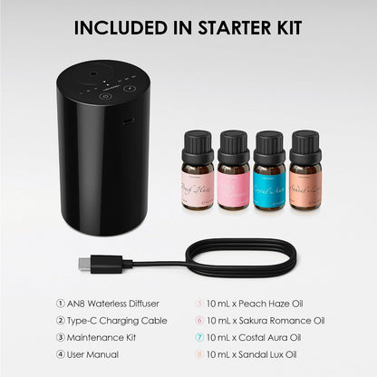 Airversa AN8 Waterless Essential Oil Diffuser Starter Kit, Black