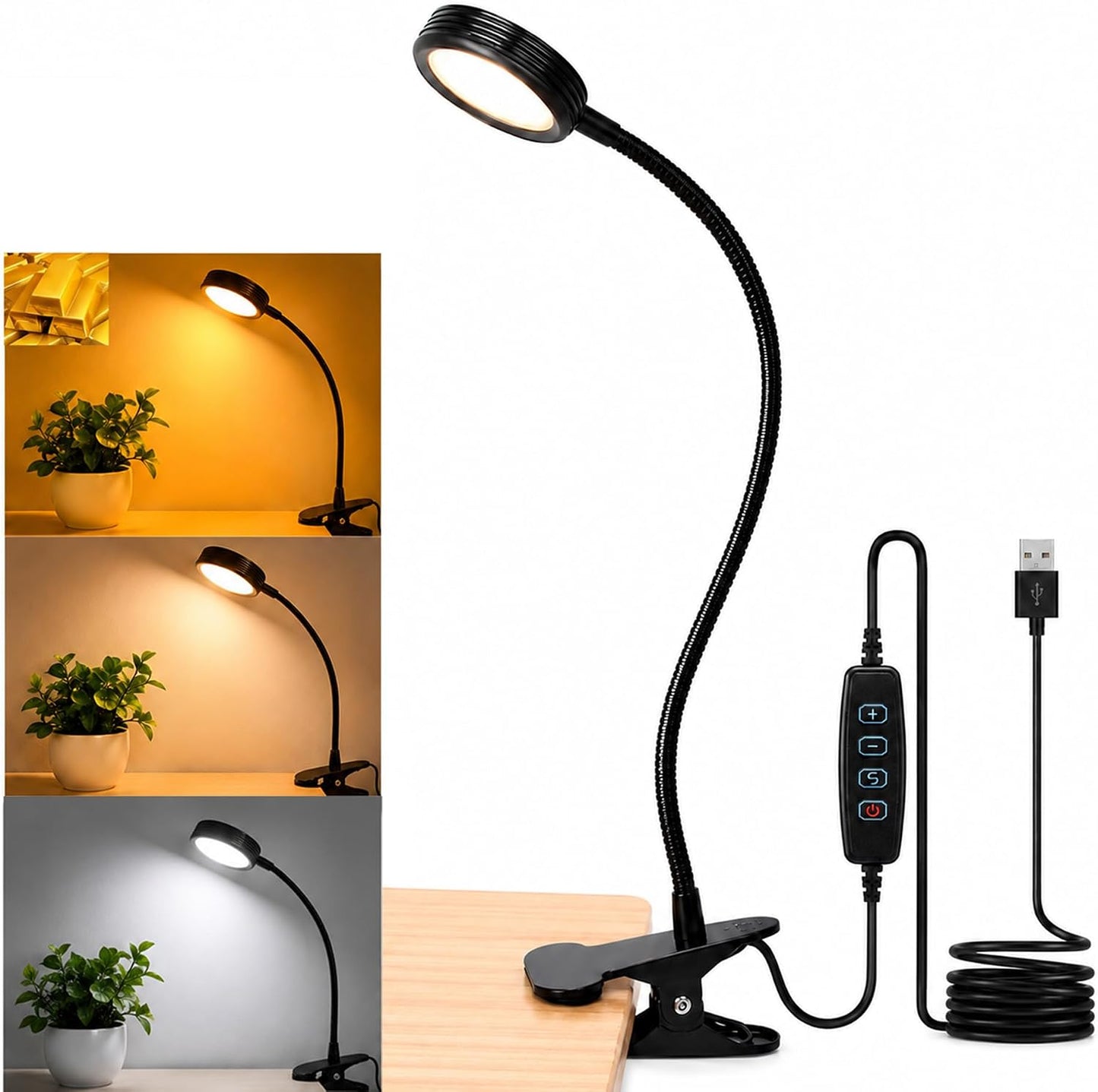USB Clip-On Lamp, Eye Caring Dimmable Reading Light (Warm+Cool White, 8W) | Dimmable, Inline Switch, 1M Timer, USB 5V Port, 3000K+6000K, 81inch Long Cable, Flexible Gooseneck, Metal Head and Clip