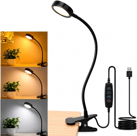 USB Clip-On Lamp, Eye Caring Dimmable Reading Light (Warm+Cool White, 8W) | Dimmable, Inline Switch, 1M Timer, USB 5V Port, 3000K+6000K, 81inch Long Cable, Flexible Gooseneck, Metal Head and Clip