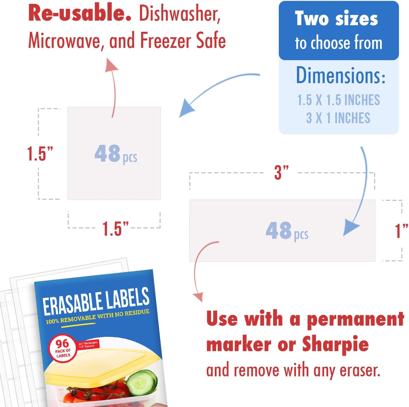 MESS Erasable Labels for Food Containers (Two Sizes 1.5" & 1x3 & 1x2) - Multipurpose Organizing Labels - Freezer & Fridge Safe