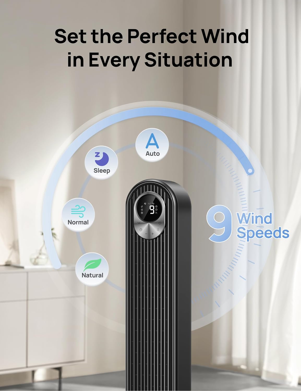 DREO Tower Fan for Bedroom, 28ft/s High Velocity, 9 Speeds, DC Motor