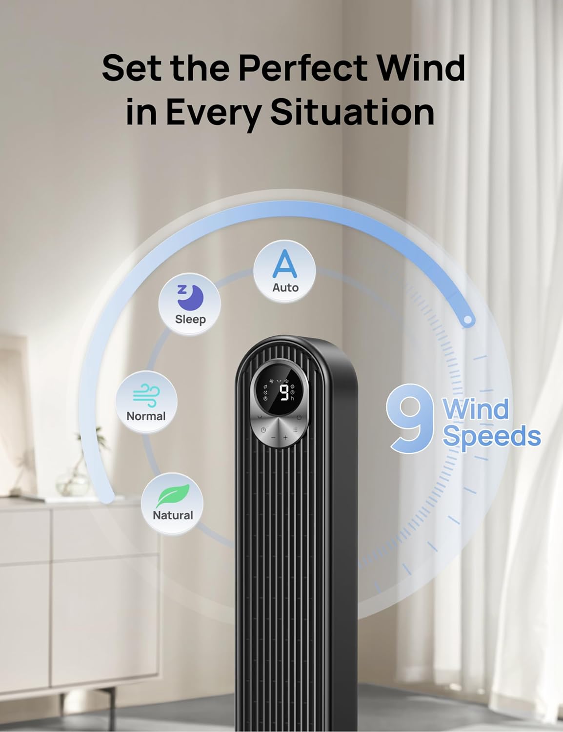 DREO Tower Fan for Bedroom, 26ft/s Velocity, 90° Oscillating, 8H Timer