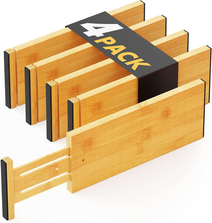 SpaceAid Bamboo 4 Pack Dresser Drawer Dividers, 4.65“ High Adjustable 12.5“-17” Drawer Organizers, Expandable Organization for Clothing, Clothes, Dressers, Black