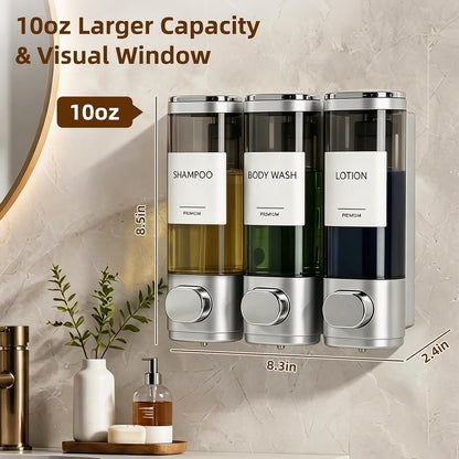 GMISUN Shower Soap Dispenser Wall Mounted with Razor Holder & Loofah Hook, No Drill Design Shampoo and Conditioner Dispenser, Plastic Shower Soap Dispenser Bottles with Labels Set of 3,Satin Silver