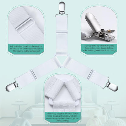 Bed Sheet Straps, Easy to Install Sheet Straps, Fitted Sheet Clips, Adjustable Sheet Fasteners, Say Goodbye to The Messy Sheets (Gray-4 Pcs)
