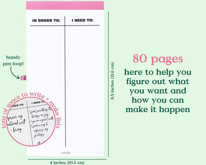 ban.do Good Intentions Goal & Habit Tracker Notepad, Feel Your Best (Pink) | List Pad Includes 80 Perforated Sheets, Ink Pen Loop, and Elastic Band Closure