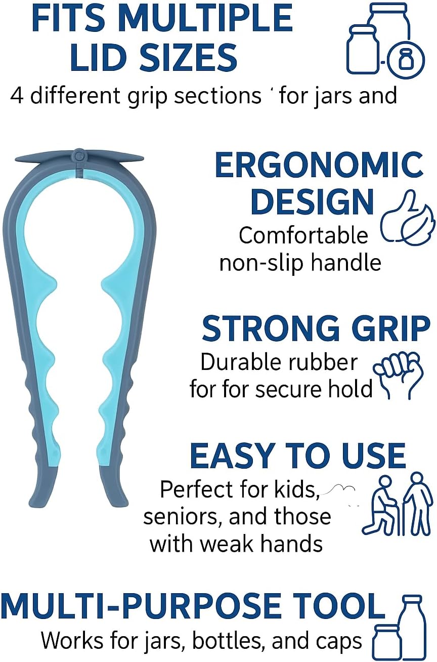 Jar Opener Bottle Opener and Can Opener for Weak hands - Seniors with Arthritis and Anyone with Low Strength - Mutil Jar Opener Get Lids Off Easily - Blue and Grey