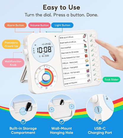 3-in-1 Visual Timer & ADHD Tool for Kids with Chore Chart & Planning Board | ADHD Timer with Digital Clock, Silent Task Timer for Adults with Visual Schedule for Home, School, Classroom, Work (Pink)