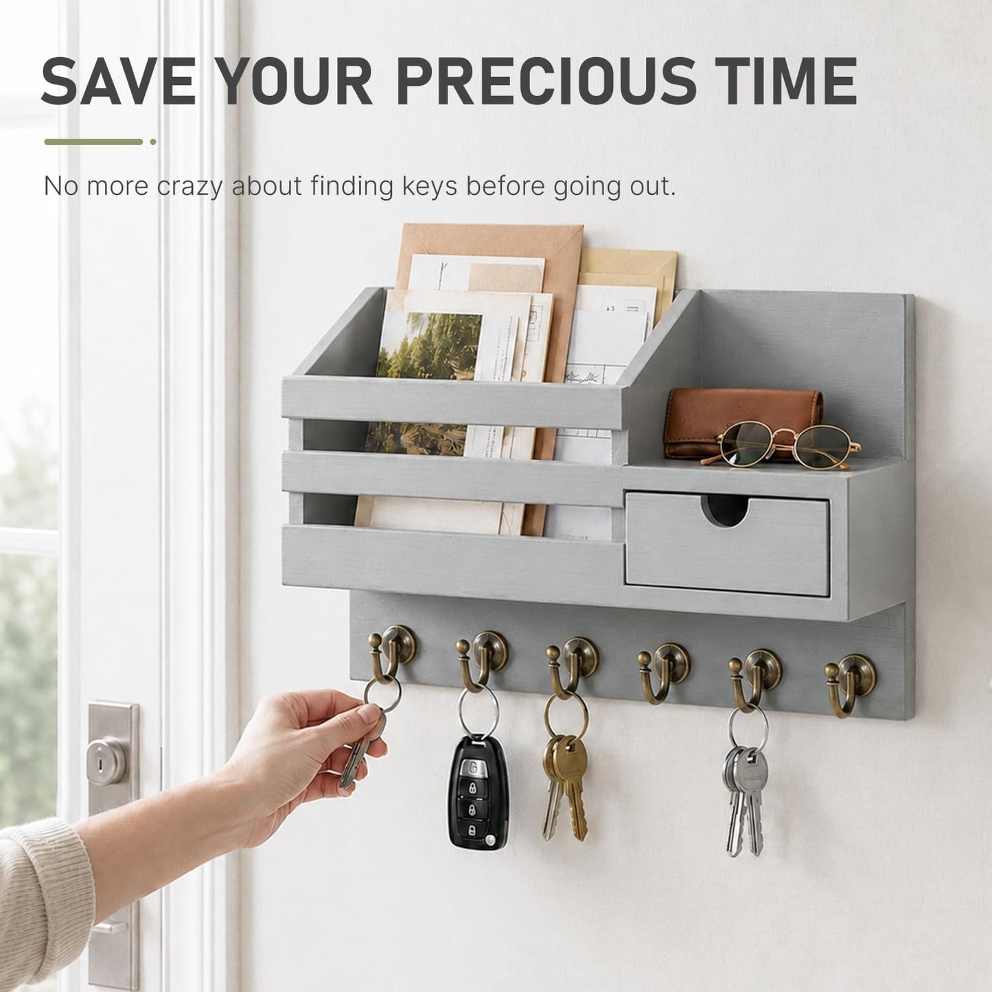 FifthQuarter Key and Mail Holder Wall Mount with Drawer and 6 Sturdy Hooks | Cute Rustic Farmhouse Wooden Key Hanger, Reliable Entryway Organizer for Keys and Daily Essential, Easy Installation, A-White