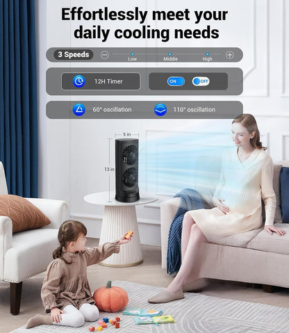 Tower Fan for Bedroom,24 ft/s Portable Desk Table Fan with Remote