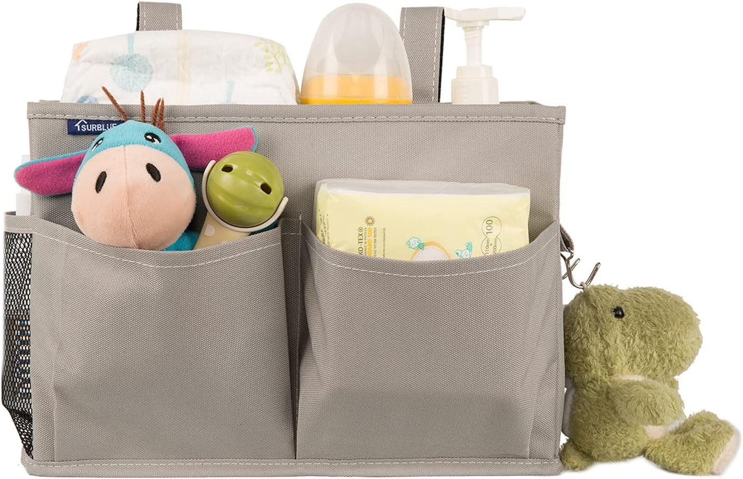 Surblue Bedside Caddy Hanging Organizer Storage Bag Pocket for Bunk, Hospital, College Dorm Rooms, Baby Bed Rails, Camp - 4 Pockets, 2 Hooks (Blue)