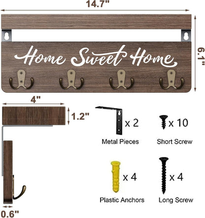 buways Key Holder Wall Mount with 8 Hooks and Cozy Home Sign (Gray) | Solid Wood, Floating Shelf for Keys, Mail, and Daily Essentials in Entryways, Hallways or Home Decor