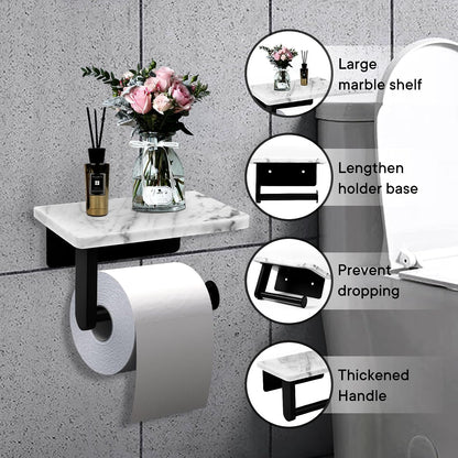 Toilet Paper Holder with Natural Marble Shelf for Bathroom Washroom,Wall Mounted Tissue Holder Suitable for Mega Roll (Brushed Nickel,Small 6.7 * 4.3 in)