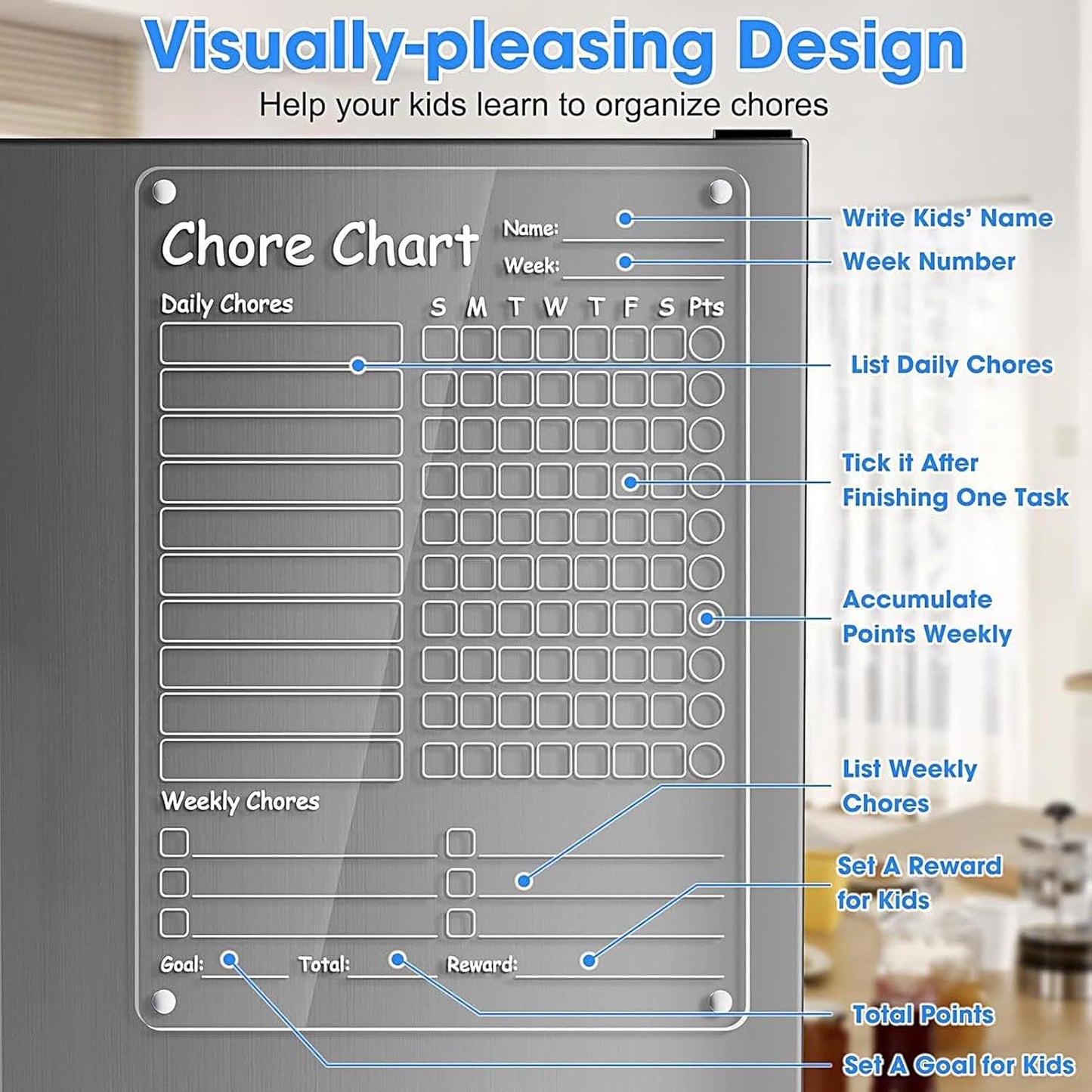 Fridge Chore Chart Clear Acrylic Dry Erase Checklist | with 8 Markers 15.7x11.8inch Magnetic Weekly Chore Chart for Teens Kids Family Kitchen Refrigerator Daily Weekly Schedule