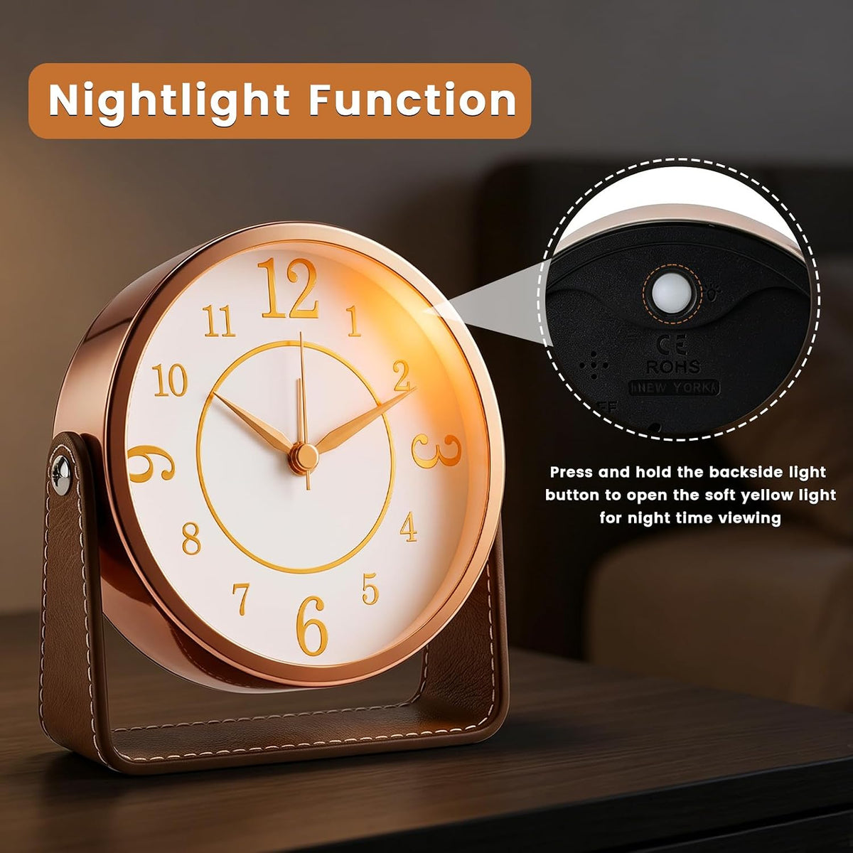 Analog Alarm Clock - 4.5" Silent Non Ticking Small Clock with Light, Rotatable Stand Metal Desk Clock Battery Operated, Simple Design for Living Room Decor/ Bedroom/Bedside/Shelf (Black & White)