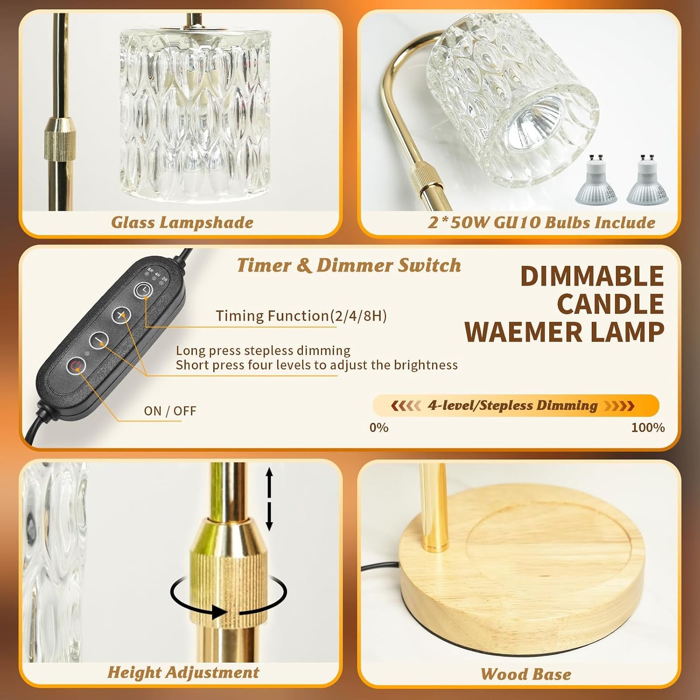 HAIDOLIANG Blue Candle Warmer Lamp with Timer and Dimmer | Height and Brightness Adjustable,Glass Electric Wax Warmer with 2 Bulbs for Women Gifts, Home Decor for Scented Jar Candles