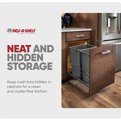 Rev-A-Shelf Double Pullout Trash Can w/Soft-Close Slides, 14.5" Min Opening | Large Capacity Garbage/ Recycling Waste Bins for Under Kitchen Cabinets, Heavy Gauge Wire Construction, 53WC-1835SCDM-211