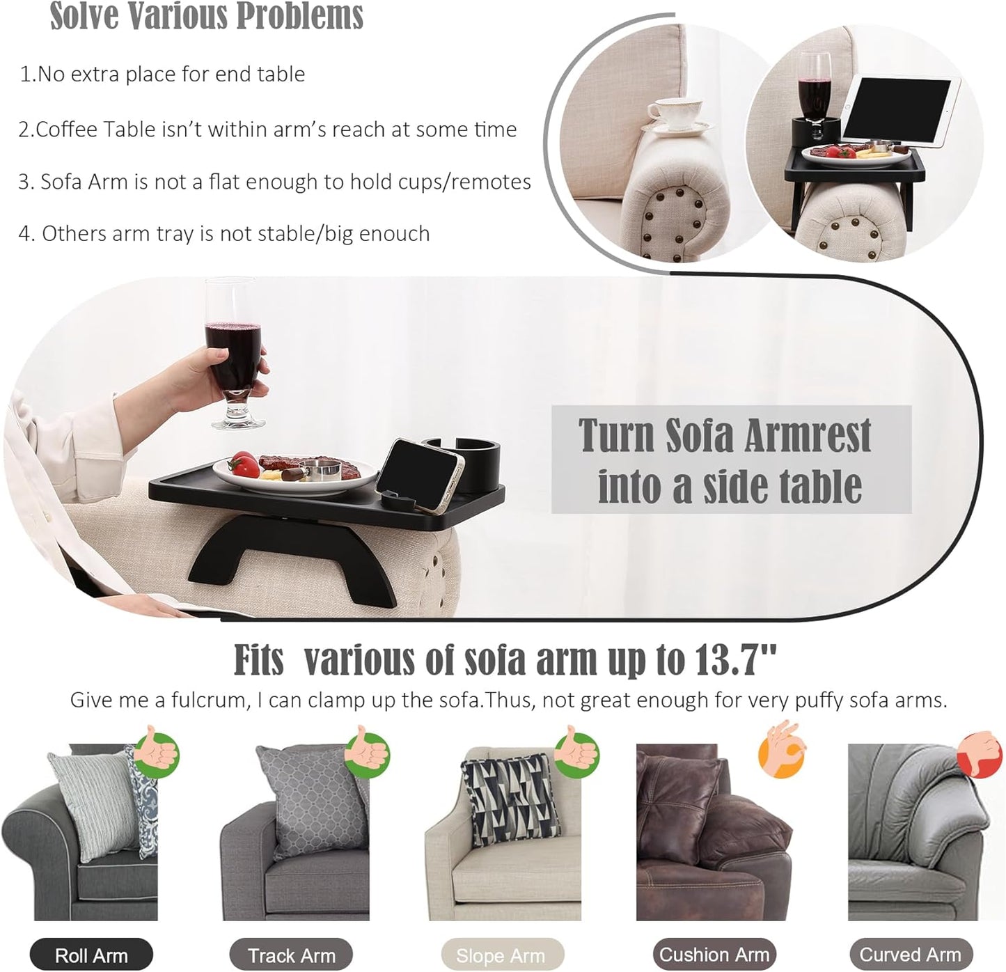 Nnewvante Couch Cup Holder Tray, 3 in 1 Large 15.36"x9.85" Acacia Wood Sofa Arm Clip on Tray Table with 360°Rotated Phone Holder on Armrest