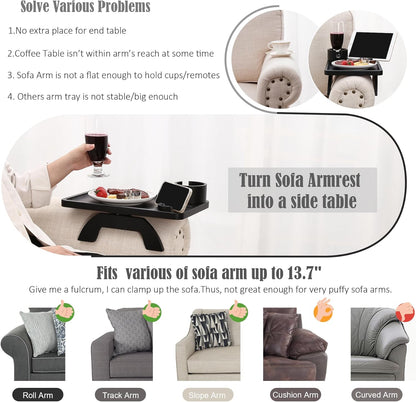 Nnewvante Couch Cup Holder Tray, 3 in 1 Large 15.36"x9.85" Acacia Wood Sofa Arm Clip on Tray Table with 360°Rotated Phone Holder on Armrest