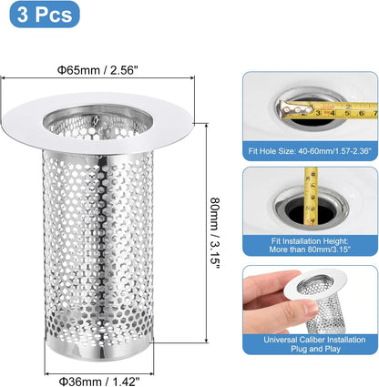 uxcell 2 Pack Shower Drain Strainer, 2" x 2.5" Stainless Steel Floor Drain Strainer Deep Sink Hair Catcher for Kitchen Bathroom Balcony Floor Drain, Fit Hole Size from 1.57" to 2.56"