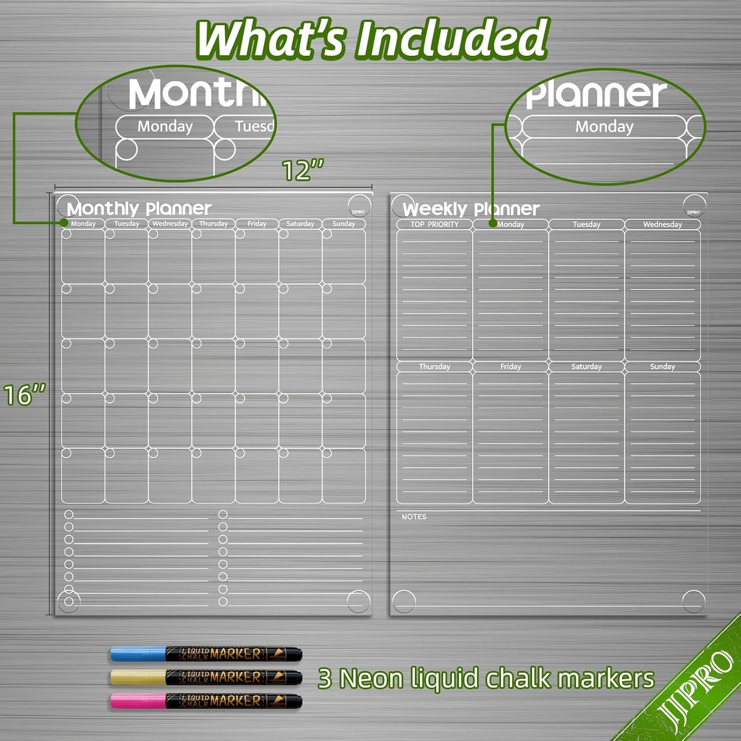 JJPRO Non-Magnetic Dry Erase Monthly Calendar, Clear Weekly Meal Board for Fridge -Starts Sunday,12"x16" Reusable Weekly Planner Stick to Fridge,Wall, All Smooth Surfaces